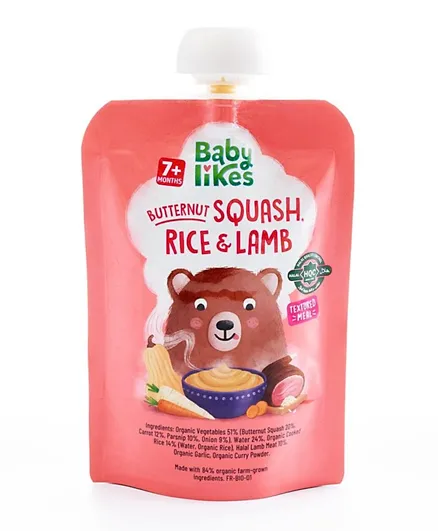 Baby Likes Stage 2 Halal Baby Food Pouch Butternut Squash, Rice & Lamb Organic Baby Puree - 130g