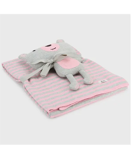 Pluchi Knitted Toy and  Blanket Set Zoey Skinny Stripe Cotton Blanket with Bear Toy - Pink