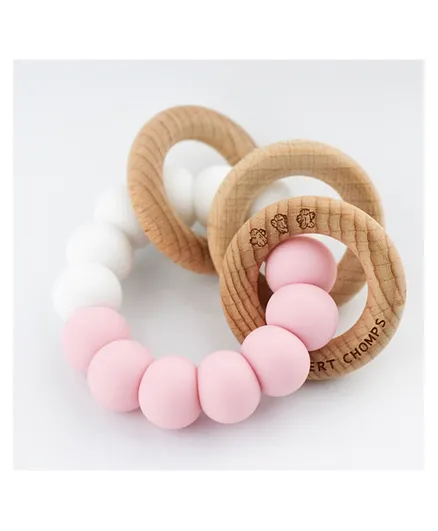 Desert Chomps Trio Silicone & Wooden Rattle Teether - Pink
