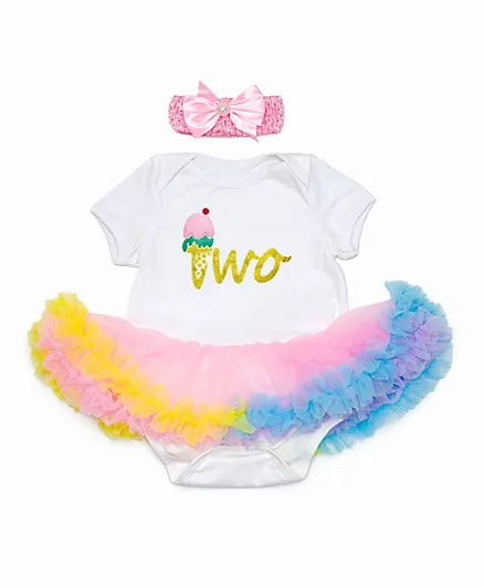Babyqlo Two Graphic Birthday Tutu Dress with Headband - Multicolor