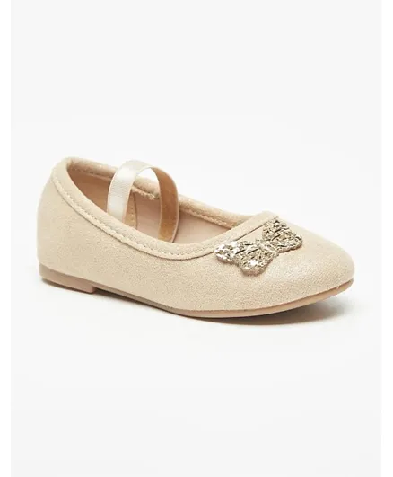 Flora Bella by Shoexpress Butterfly Embellished Round Toe Ballerinas with Elasticised Strap - Beige