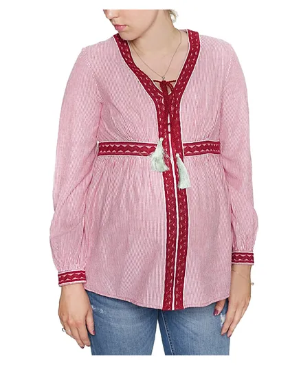 Mums & Bumps Mara Mea Maternity & Nursing Embroidered Blouse Stripes - Red