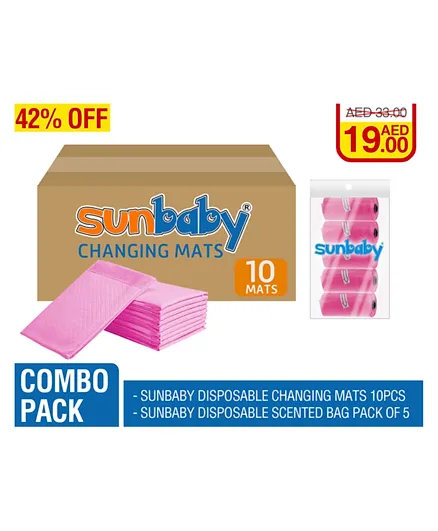 Sunbaby Pack of Disposable Changing Mats 10 Pieces + 1 Scented Bag Pack of 5 - Pink