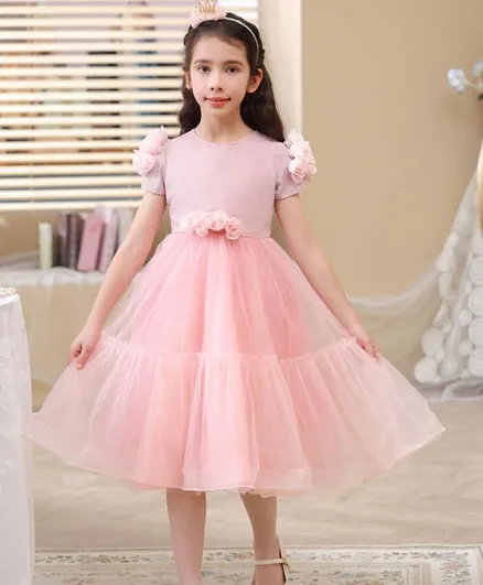 Le Crystal Roses Applique Tie-Up Belt Detailed Tulle Party Dress - Pink