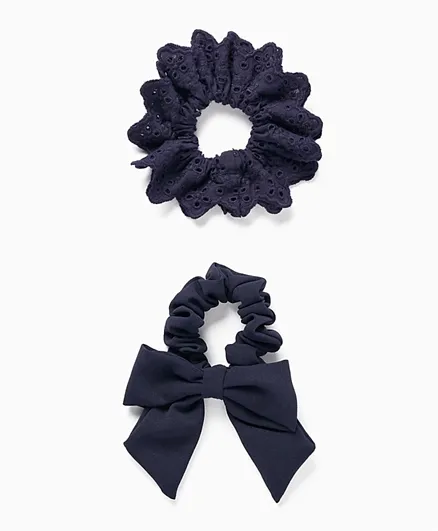 Zippy Scrunchie Hair Elastics With English Embroidery Dark Blue - 2 Pieces