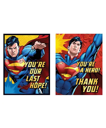 Party Centre Superman Invitation and Thank You Card Combo Pack of 16 - Multicolor