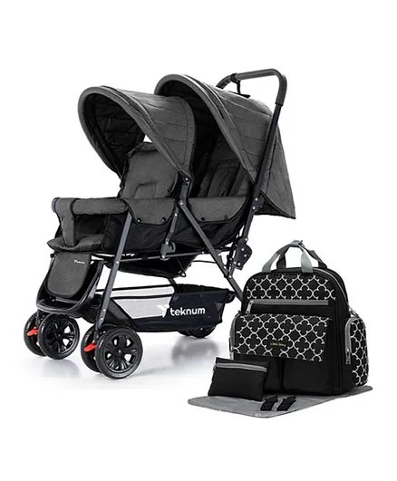 Teknum Twin Baby Stroller Combo with Diaper Bag, Zipper Pouch, Changing Mat and Stroller Hooks - Dark Grey