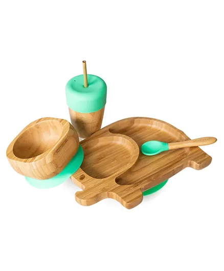 Eco Rascals Bamboo Elephant Plate + Straw Cup + Bowl & Spoon Combo Green & Brown - 4 Pieces