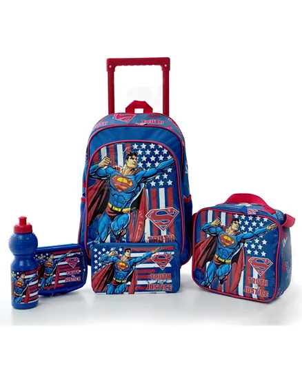Warner Bros Superman Truth & Justice Trolley Backpack + Pencil Pouch + Lunch Bag + Lunch Box + Water Bottle