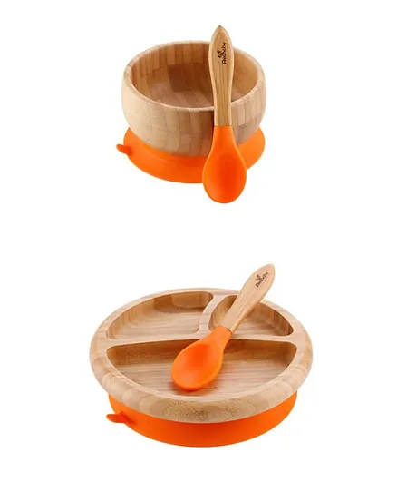 Avanchy Bamboo Suction Bowl, Plate & Spoon Set - Orange