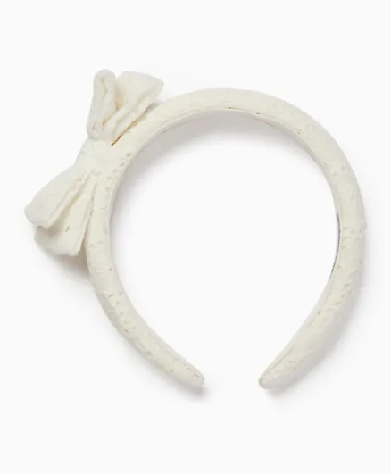 Zippy Alice Band In English Embroidery With Bow - White