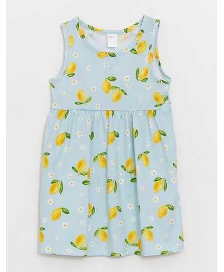 LC Waikiki All Over Lemon Print Round Neck Dress - Blue