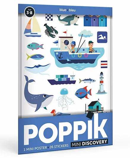 Poppik Discovery Sticker Poster for Kids 3-8 Years, Sea Creatures Theme, Educational A4 Blue Wall Decor, 26 Repositionable Stickers