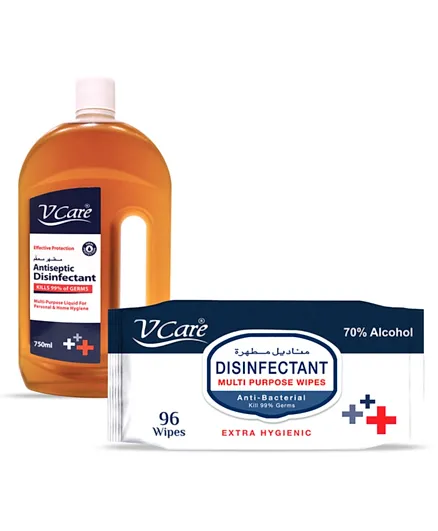 V Care Antiseptic Disinfectant Liquid 750ml + Multi Purpose Wipes 96 Pieces