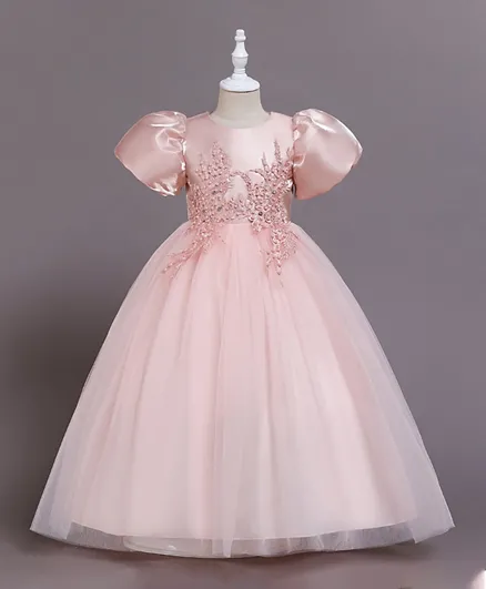 DDaniela Puff Sleeves Long Tulle Pearl Dress - Pink