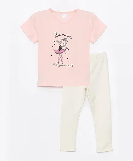LC Waikiki Dance Graphic Crew Neck T-Shirt and Leggings Set - Pink & Cream