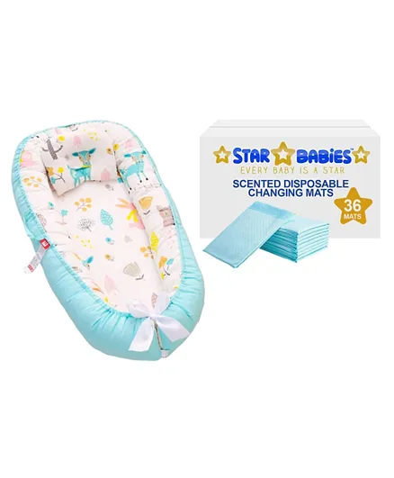 Star Babies Combo of 1 Blue Baby Lounger Sleeping Pod + 36 Scented Disposable Changing Mats
