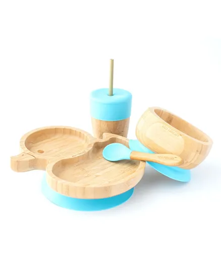 Eco Rascals Bamboo Duck Plate + Straw Cup + Bowl & Spoon Combo - Blue