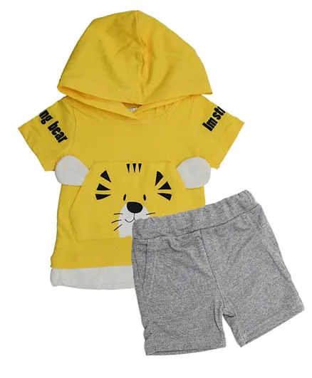 Donino Baby Bear Pocket with Hoodie Tee with Short Set - Yellow
