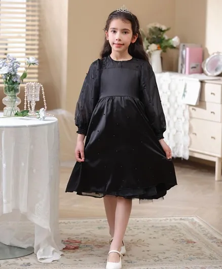 Le Crystal Beads Embellished Tie-Up Belt Detailed Long Balloon Sleeves Tulle Party Dress - Black