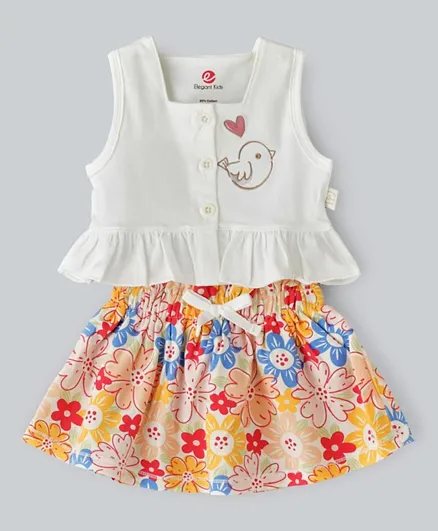 Tiny Hug Bird Embroidered & Floral Top & Skirt Set - Multicolor