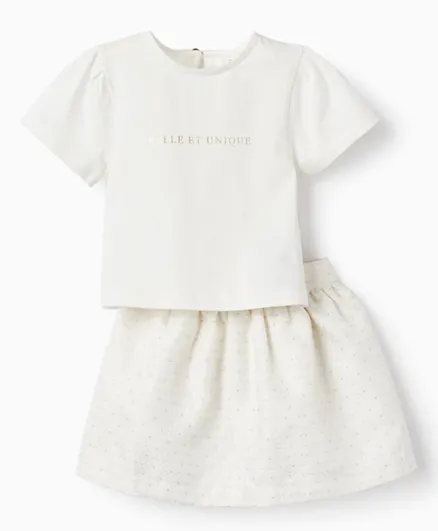 Zippy Golden Text Graphic T-Shirt & Dots Printed Skirt/Co-ord Set - White