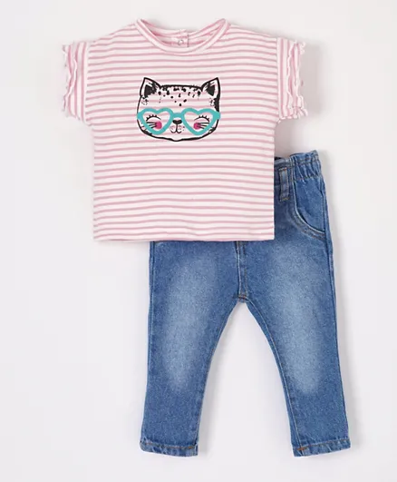 Minoti Striped T-Shirt with Denim Jeans Set - Pink