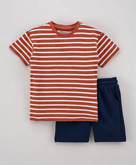 Minoti Striped Basic Tee & Fleece Shorts Set - Rust
