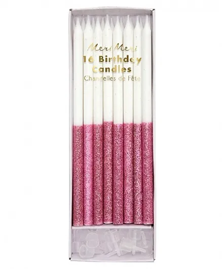 Meri Meri  Glitter Dipped Candles Pack of 16 - Dark Pink