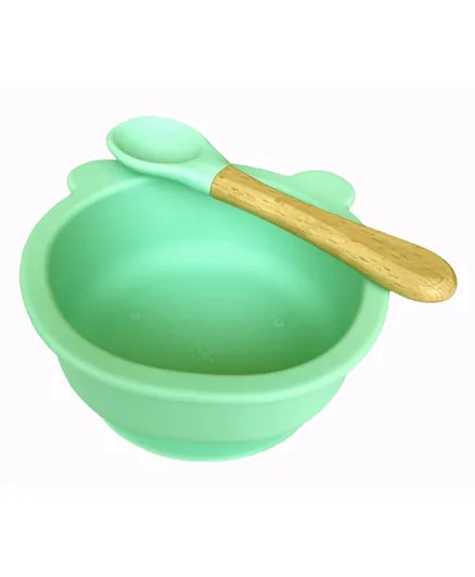 وعاء مصنوع من السيليكون لإطعام الأطفال بقاعدة شفط مع ملعقة من بامبو بارك، أخضر نعناعي