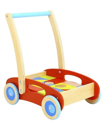 TOOKY TOY Wooden Push Along Baby Walker with Blocks Construction Set - 37 Pieces