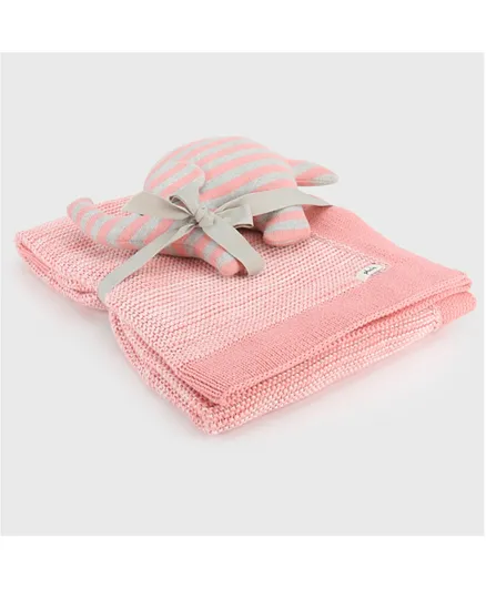 Pluchi Knitted Toy & Blanket Set Sophia Mini Seed Stitch Cotton Blanket with Elephant Toy - Pink