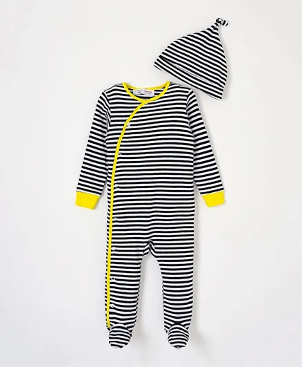 Minoti Striped Sleepsuit With Cap- Black