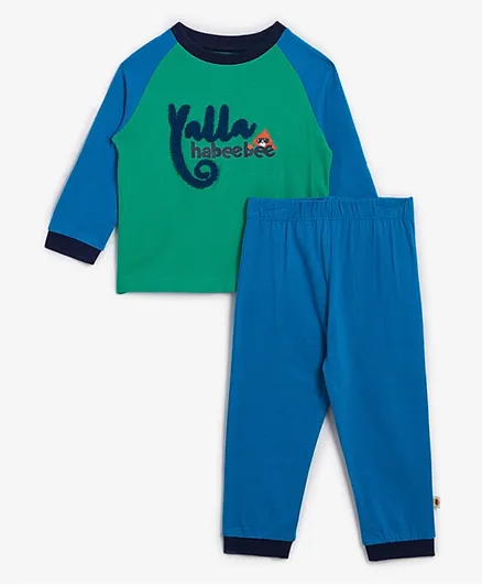 Cheekee Munkee Yalla Habeebee Embellished Pyjama Set - Blue & Green