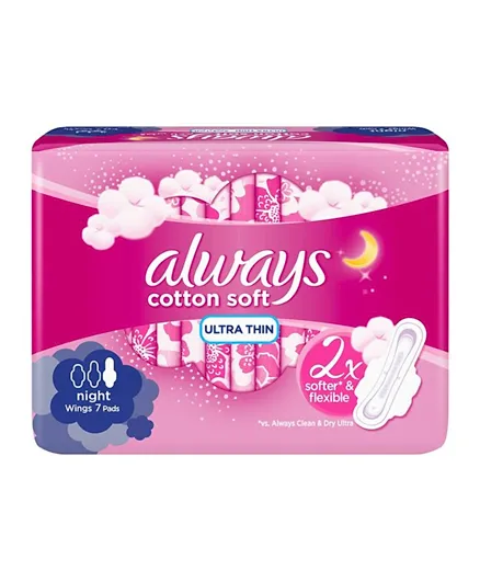 Always Cotton Soft Ultra Thin Night Sanitary Pads with Wings - 7 Pieces