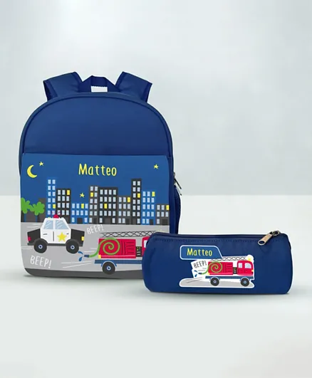 Essmak Emergency Vehicles Personalized Backpack and Pencil Pouch Set Blue - 11 Inches