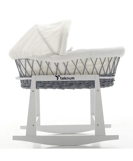 Teknum Infant Wicker Moses Basket With Waffle Beddings And Rocker Stand  - Wooden Grey