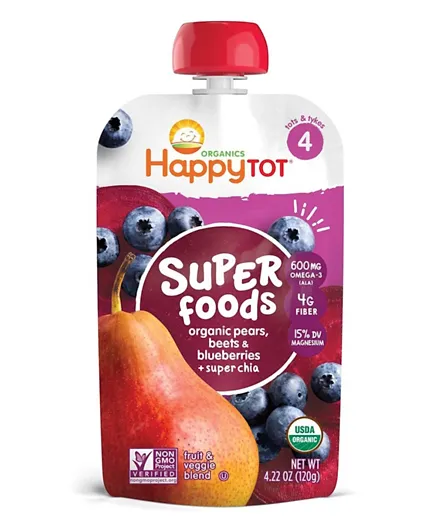 Happy Family Organic Super Foods Pouch Stage 4 Pears Blueberries & Beets + Super Chia - 120g