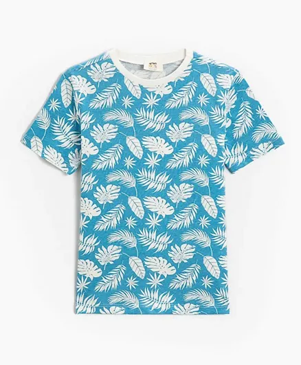 KOTON Leaves All Over Printed T-Shirt - Blue & White