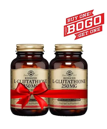 كبسولات سولجار إل-جلوتاثيون نباتية 250 ملغم مكمل غذائي - 60 كبسولة بوغو 1+1