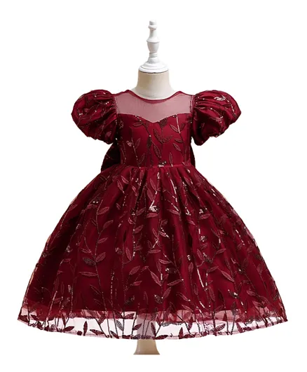 Babyqlo Balloon-Sleeves Embroidered Party Dress - Maroon