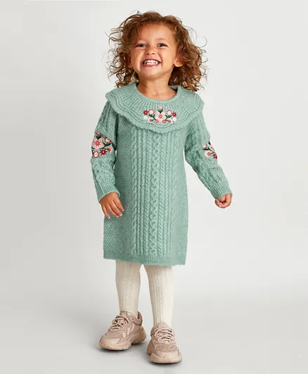 Monsoon Children Baby Embroidered Knitted Dress -Green