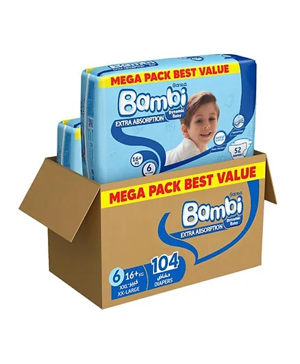 Sanita Bambi Baby Diapers Mega Pack Size 6 Pack of 2 - 104 Pieces