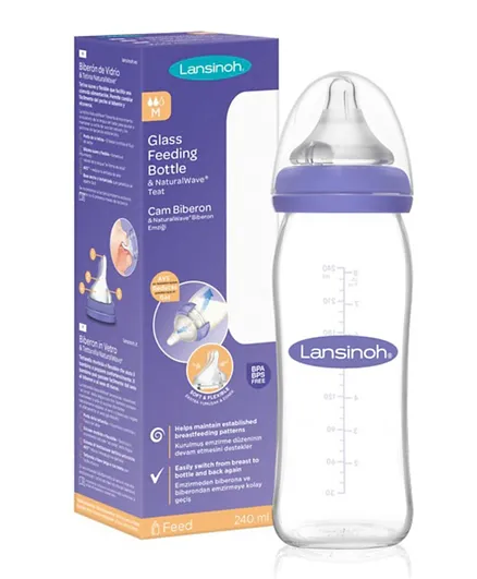 Lansinoh Glass Feeding Bottle With Natural Wave Teat - 240mL