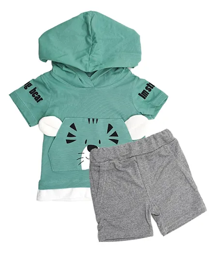 Donino Baby Bear Pocket with Hoodie Tee with Short Set - Light Green