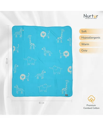 Nurtur 100% Cotton Knitted Baby Blanket Animals - Blue