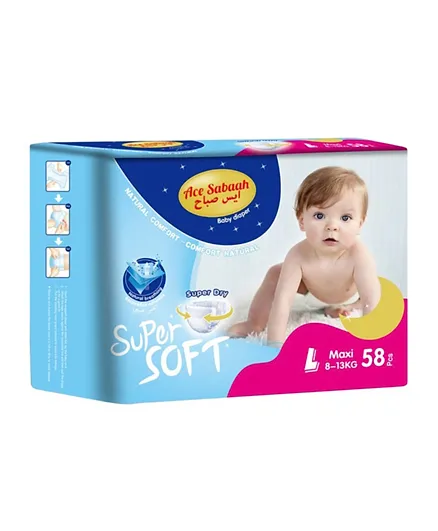 Ace Sabaah Natural Super Soft Baby Diapers Large Size 4 - 58 Pieces