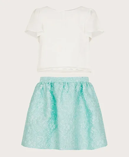 Monsoon Children Jacquard Top And Skirt Set - White And Green