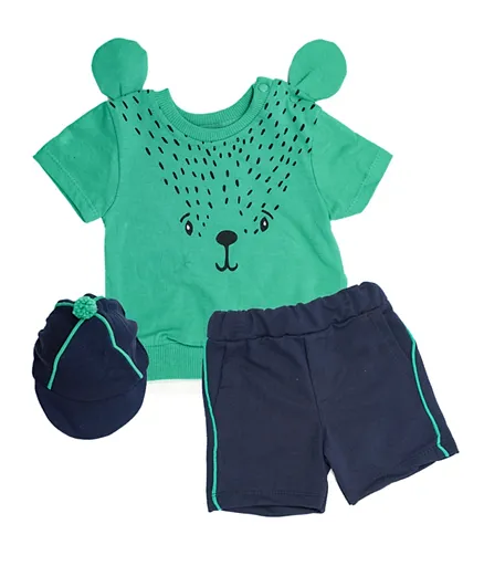 Donino Baby Printed Tee with Short Set and Hat - Green