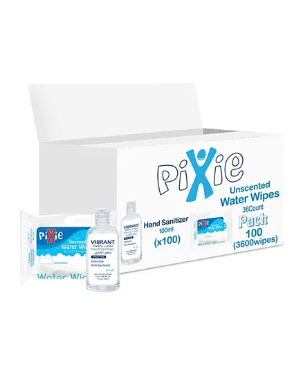 Pixie Water Wipes Pack of 3600 Wipes + Vibrant Sanitizers 100ml x 100 - Value Pack
